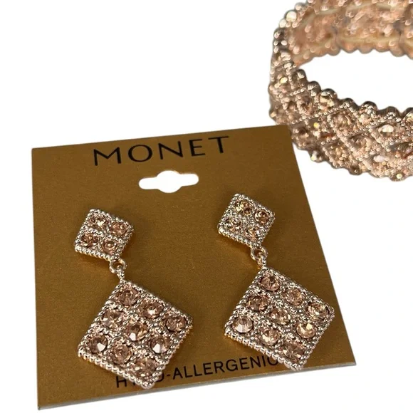 Monet Rose Gold Stretchy Crystal Bracelet with Earrings - Picture 3 of 5